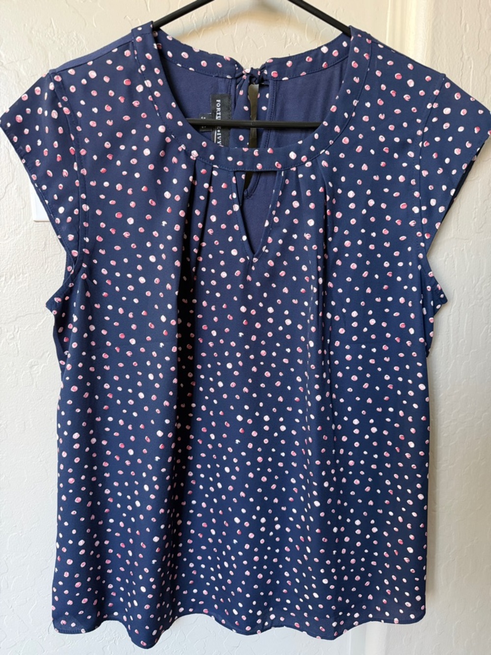Fortune & Ivy Navy Cap-Sleeve Blouse with Pink and White Dot Print